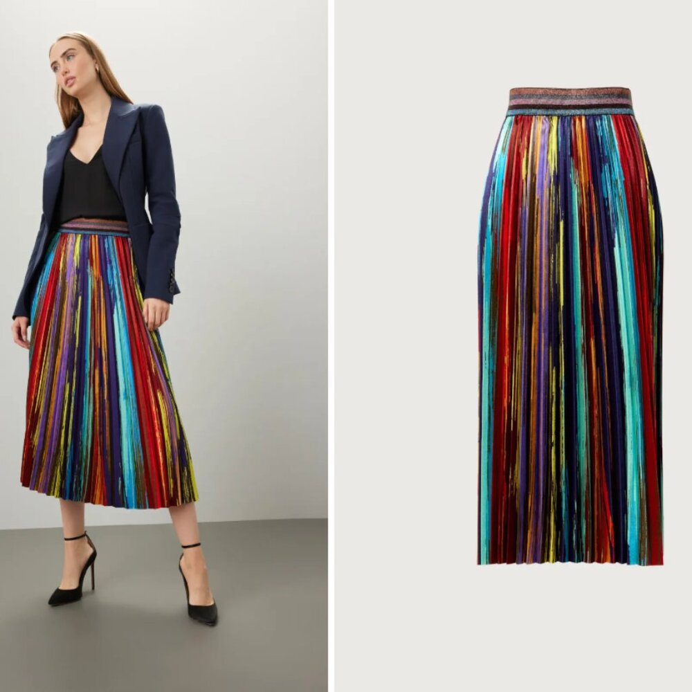 Multicolor Metallic Pleated Midi Skirt with Elastic Waistband